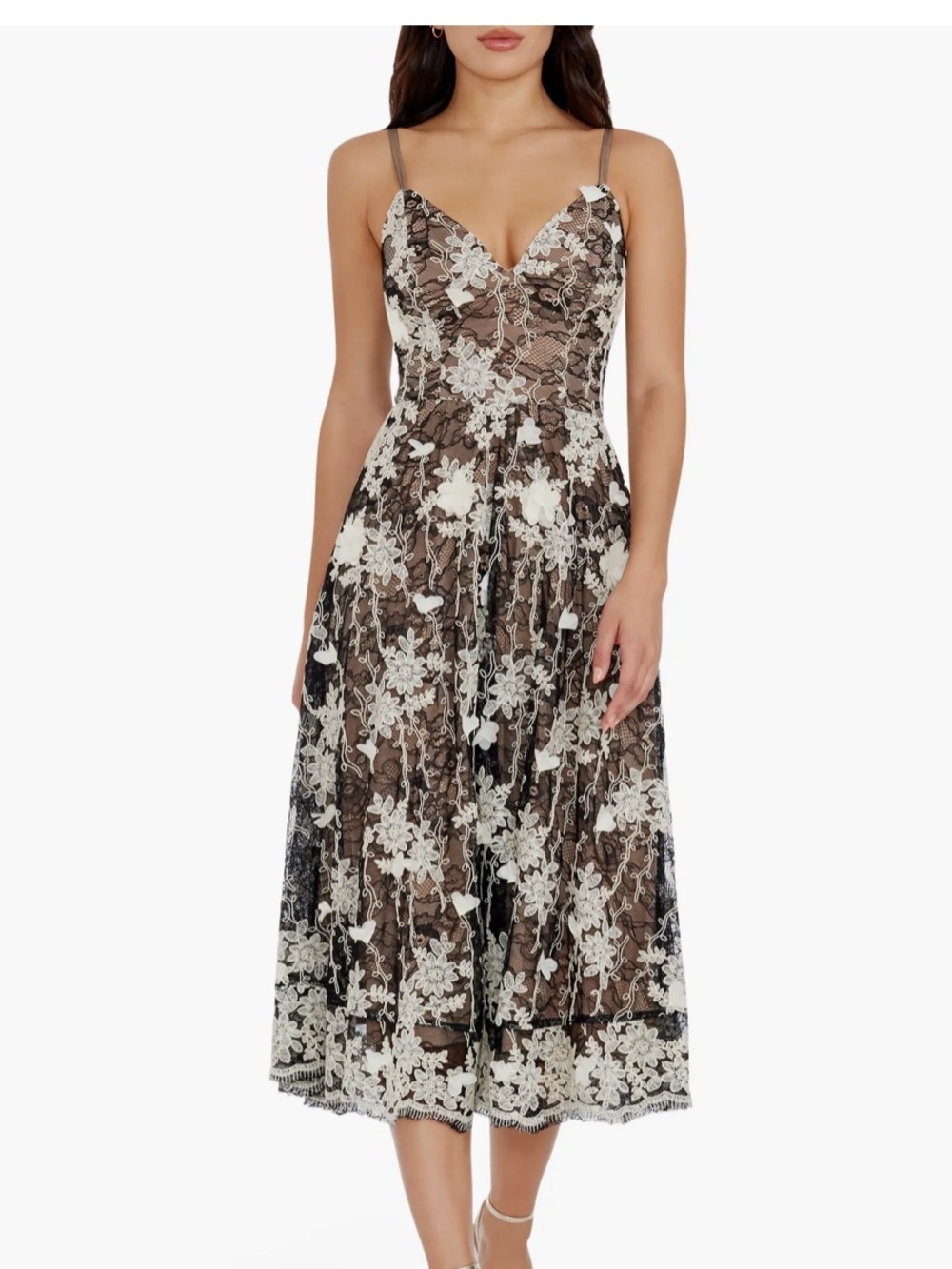 Dress the Population Tahani Embroidered Lace Cocktail Midi Dress
